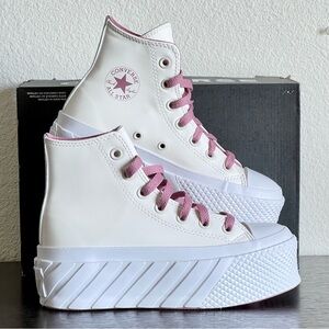 Converse Lift 2X Platform Hi Top Leather 'Matte Metallic' White Sneaker Size 5